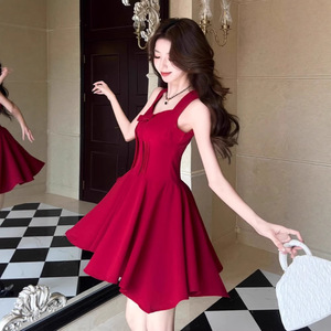 <b>Red</b> Halter Neck Mini Dress With <b>Bow</b> Pleated Waist Flattering Silhouette For Banquet Evening Wear - Product Image 1
