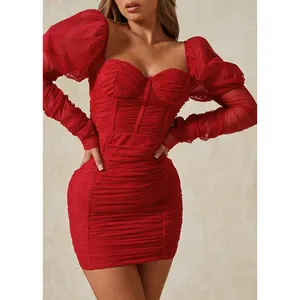 China Manufacturer Casual Sleeveless Christmas Red Mesh Ruch Puff Sleeve Sexy Party Dresses For Girls Of 18 Years Old