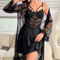 Gaun Cami Set Berbahan Lace Hitam Merah dengan Hiasan Rhinestone, Model Push Up, Transparan, dan Tanpa Punggung, Ukuran S-XXXL untuk Wanita