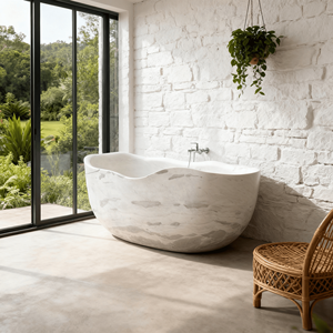 Baignoire de trempage autoportante en marbre blanc veiné <span class=keywords><strong>naturel</strong></span> moderne et luxueux accessoire de salle de bain en pierre solide avec égouttoir pour villas - Product Image 5