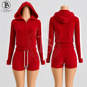 Y2K Velour <strong>Tracksuit</strong> for <strong>Women</strong> Custom LOGO Two Piece <strong>Velvet</strong> Set Zip up Hoodie Crop Jacket and Biker Shorts Velour Sweatsuits Set - Product Image 6