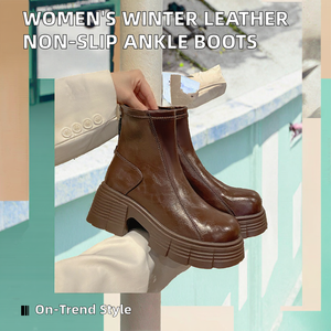 Bottines en cuir décontractées pour femmes avec talon plat, semelle intérieure en caoutchouc, doublure en polaire, semelle souple, plateforme antidérapante, semelle épaisse - Product Image 2