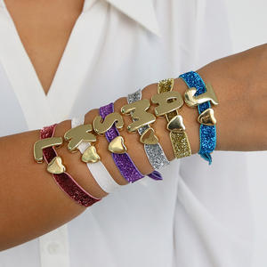 नई चुंकी 18k सोने की प्लेटेड बुलबुला पुफ प्रारंभिक पत्र और दिल के बीड मल्टीकोलर ग्लिटर फीता कॉर्ड समायोज्य कंगन - Product Image 2