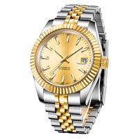 Montre-bracelet automatique mécanique pour homme avec logo personnalisé OEM, mouvement bicolore, lunette cannelée, en acier inoxydable, étanche, pour affaires