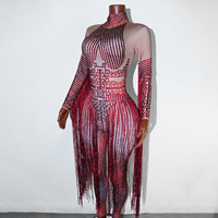 Combinaison rouge rétro à strass et franges longues, imprimé numérique 3D, robe de danse en maille pour performance sur scène de danse latine, samba, danse de salon