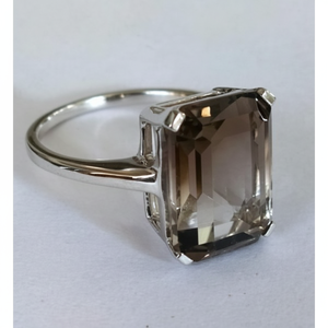 Bague solitaire en quartz fumé, pierre précieuse taillée sur coussin et ovale avec placage au rhodium et à l'or pour les mariages - Product Image 1