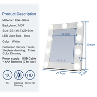 Miroir de maquillage rectangulaire blanc avec 9 ampoules LED Hollywood, fonctionnant sur piles, avec câble USB, miroir éclairé HD
