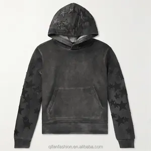 Özel pigment sprey sıkıntılı vintage yıkama hoodie ile deri yıldız