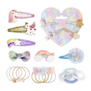 Custom kids hair accessories set butterfly unicorn starfish kawaii hair ties organza cute star heart snap bow glitter hair clips