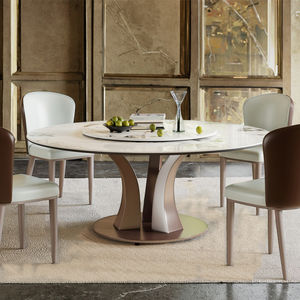 Mesa de Comedor Redonda de Piedra Sinterizada de Lujo Moderno con Patas de Acero Inoxidable Dorado, Juego de Comedor Ecológico e Impermeable - Product Image 1
