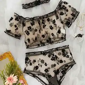 Bestes Damen sexy Dessous transparente Spitzen unterwäsche schwarz dreiteiliges Set Perspektiv-BH-Set blumige Nachtwäsche Nachtwäsche