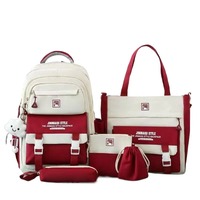 Juego de 5 Piezas de Mochilas Escolares Unisex Estilo Coreano de Gran Capacidad, Bolsas de Tela Oxford para Estudiantes, Estuche para Lápices con Cierre de Cremallera de Poliéster