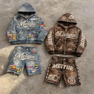 Ensemble sweat-shirt et short personnalisé avec broderie appliquée et strass, lavage à l'acide, streetwear décontracté, sweat-shirt de haute qualité pour hommes - Product Image 1