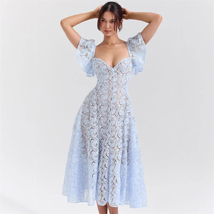 Stile palazzi Retro pizzo a vita alta abito sottile con scollo a V Sexy abiti Midi manica corta per le <span class=keywords><strong>donne</strong></span> - Product Image 2