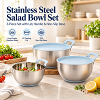 Ensemble de bols en acier inoxydable de qualité alimentaire avec poignée en silicone antidérapante, bols de cuisine pour la pâtisserie, la préparation des salades et le service des aliments