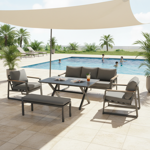 Ensemble de <span class=keywords><strong>salon</strong></span> et salle à manger moderne de 5 pièces, <span class=keywords><strong>table</strong></span> en aluminium, banc, canapé de <span class=keywords><strong>jardin</strong></span>, système de sièges, résistant aux UV, mobilier modulaire pour hôtel - Product Image 3