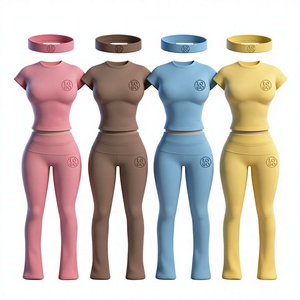 New Women Stretchy 2 Piece Short Sleeve Top and <b>Pull</b> on Pants Set with Adjustable Waist Solid Color for Summer Custom Logo - Product Image 1