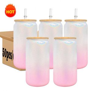 Vasos de Vidrio con Tapa y Pajita para Refrescos, Cerveza y Café, de 15oz y 16oz, Blancos, Rosados, con Brillo, Efecto Ombre y Purpurina, para Sublimación - Product Image 1