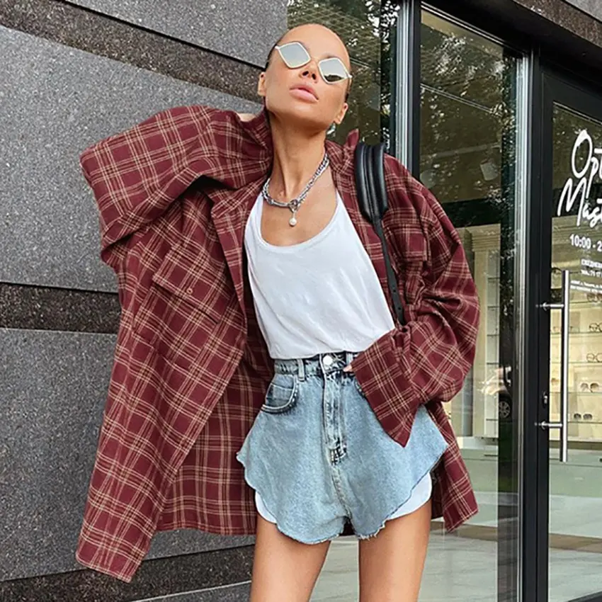 Streetwear Retro Red Long Sleeve Plaid Shirt Women Casual Oversized Loose Blouse