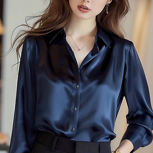 Camicia da donna con bottoni in raso di <span class=keywords><strong>seta</strong></span> <span class=keywords><strong>nera</strong></span> da donna a maniche lunghe per ufficio camicie da ufficio da donna Vintage in tessuto di raso con colletto rovesciato - Product Image 2