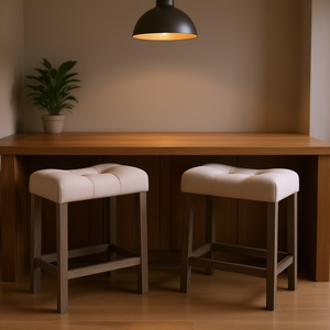 Set di 2 sgabelli da bancone Sora con bottoni trapuntati, colore tortora, per sala da pranzo - Product Image 2