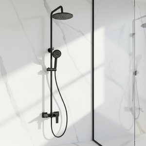 Set <span class=keywords><strong>Doccia</strong></span> Moderno a Parete in Ottone Massiccio Lucido con Miscelatore Monocomando Caldo/Freddo, Getto a Pioggia e Barra Scorrevole, 3 Fori in Ceramica - Product Image 2