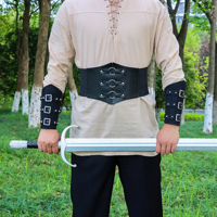 Nieten-PU Mittelalterlicher Breiter Korsettgürtel & Armstulpen-Set, Wikinger Renaissance Taillenmanschette für LARP Halloween Piraten Ritter Cosplay