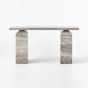 Mesa de centro de plata italiana nórdica, travertino, entrada, estrecha, alta, moderna, mesa de consola de travertino de plata