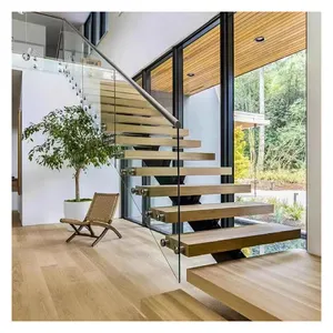 Modern ev yüzer merdiven dekorasyon merdiven tasarım ahşap 12mm cam merdiven ile sabitleme
