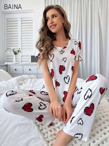 Nuevo Conjunto de Pijama para Mujer, Estampado de Corazones, Manga Corta y Pantalones Largos, Ropa de Dormir - Product Image 4