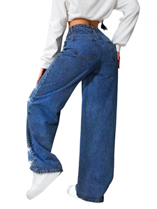 YUANBOFEI Jeans Personalizzati di Alta Qualità, Vintage Lavati con Paillettes Lucide a Farfalla, Jeans a Gamba Larga Comodi per Donne - Product Image 2