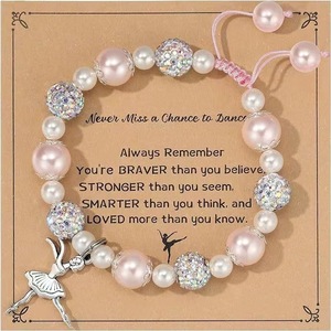 Pulseras de cuentas de perlas de imitación rosa brillante de 8mm tarjeta amante del baile equipo bailarina regalo competición escolar Ballet amigos Mate - Product Image 1