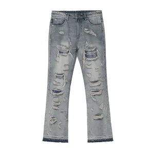 Pantalones vaqueros rasgados para hombre, Jeans rasgados personalizados, estilo Grunge, Hip Hop, mono azul, lavado, diseño de parche de Logo, apilados, a la moda