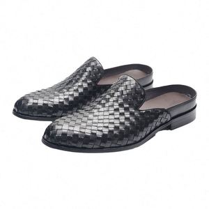 Black Woven Leather Loafers Pointed Toe <b>Slip</b>-<b>On</b> Men's Dress <b>Shoes</b> All Seasons Genuine Leather Upper Rubber Outsole - Product Image 2