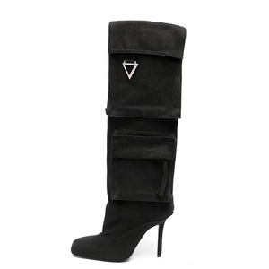 Botas de tacón fino hasta la rodilla para mujer, con bolsillos, punta cuadrada, tacón de aguja, ajuste ancho, botines largos de tela vaquera - Product Image 3