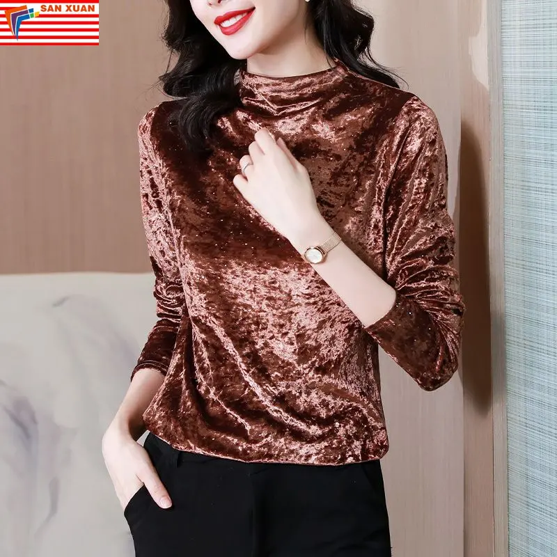 arrivals 2023 new women's clothing wholesale half high neck bottoming shirt foreign style gold velvet long-sleeved top