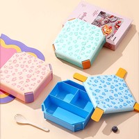 Boîte à lunch en PP à imprimé léopard, avec poignée portable, compartiments multiples, boîte bento, récipient de stockage alimentaire compatible micro-ondes pour les enfants à l'école
