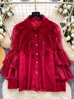 Chemisier ample et élégant à manches longues en dentelle style français pour femme, idéal pour le printemps.