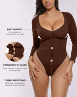 Body gainant femme à manches longues, avec découpe frontale profonde, design à boucle, coupe haute, effet ventre plat, extensible, pour usage quotidien
