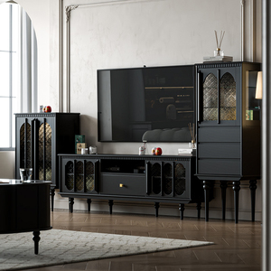 Meuble TV vintage en bois massif noir avec porte en rotin tressé, tiroirs de <span class=keywords><strong>rangement</strong></span>, console multimédia, meuble classique pour salon - Product Image 5