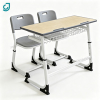 Bureau scolaire double réglable en hauteur avec panier de rangement métallique pour écoles primaires et secondaires - Vente chaude