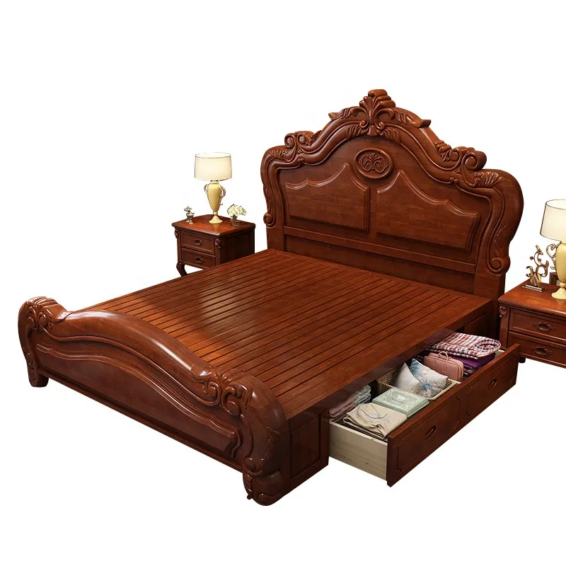 سرير زفاف خشبي على الطراز الأوروبي ، سرير مزدوج عتيق في غرفة النوم