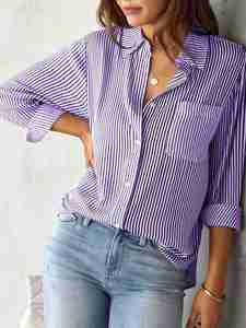 Blusa de Manga Larga con Cuello Polo y Estampado a Rayas para Mujer, Estilo Casual, Holgada, a la Moda, Combinable con Todo, Camisa Elegante Vintage para Mujer - Product Image 2