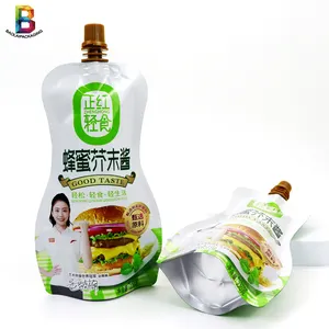 Bolsa de embalaje de plástico para salsa y jugo Doypack, bolsa de boquilla de pie, embalaje de té de papel de aluminio de grado alimenticio impreso personalizado OEM