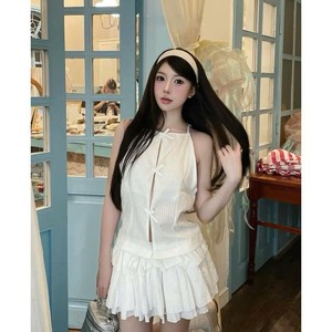 Polyester <b>Chiffon</b> Bib Set With Bow x Flare <b>Skirt</b> Sample Available Sweet Style Sleeveless Daily Wear 2 Piece Shorts Set - Product Image 5