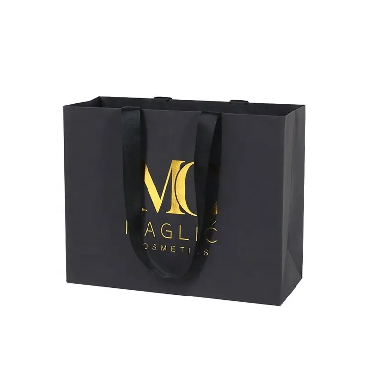 Atacado Logotipo Personalizado Folha De Ouro Logotipo Luxo Black Gift Bags Sacos De Papel De Papelão Sacos De Compras