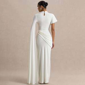 <span class=keywords><strong>Abito</strong></span> <span class=keywords><strong>Lungo</strong></span> Elegante in Cashmere con Pieghe e Nastro, Stile Europeo e Americano, Vestito Aderente da Donna con Collo Sexy e Mezze Maniche - Product Image 4