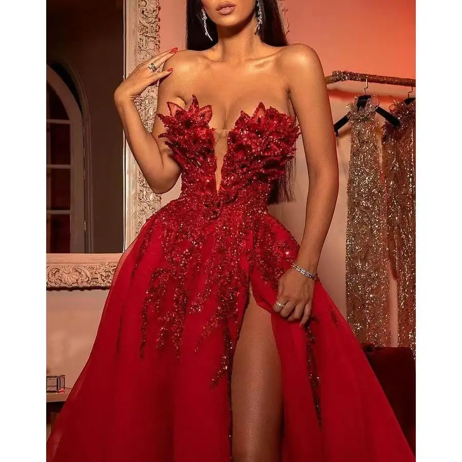 2022 new fashion sexy girls bling night dress long sleeve deep v-neck red elegant expansion skirt dress for women