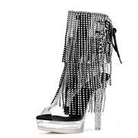 Bottines à franges pour femmes, talon en cristal gothique, semelle transparente, talon aiguille sexy, plateforme de 13 cm (5 pouces), chaussures de scène fétichistes