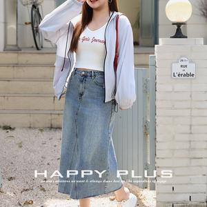 Falda midi vaquera retro de cintura alta con abertura, azul lavado, talla grande 90 95, informal de verano para mujer - Product Image 3